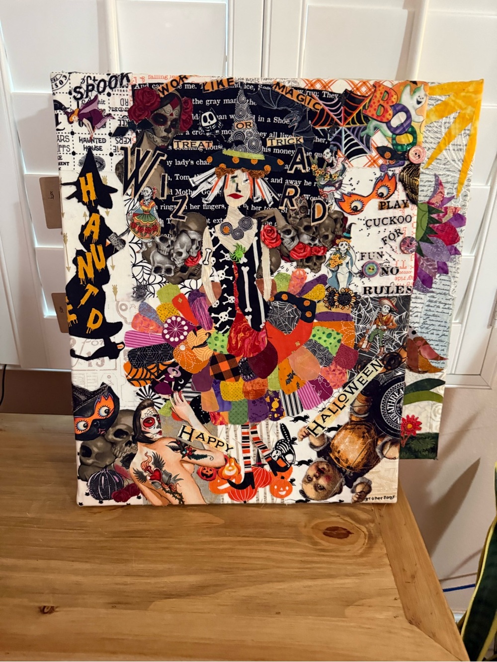 Halloween Witch Mixed Media Wall Art - Colorful Skull & Pumpkin Collage.